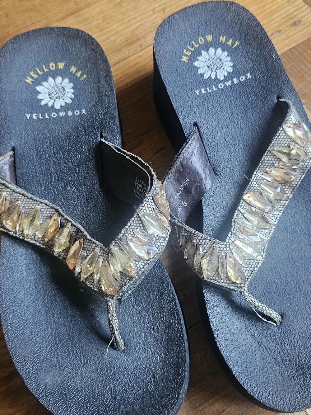 Yellow Box Black Sandals with Gold Gem Accents - Picture 1 of 6
